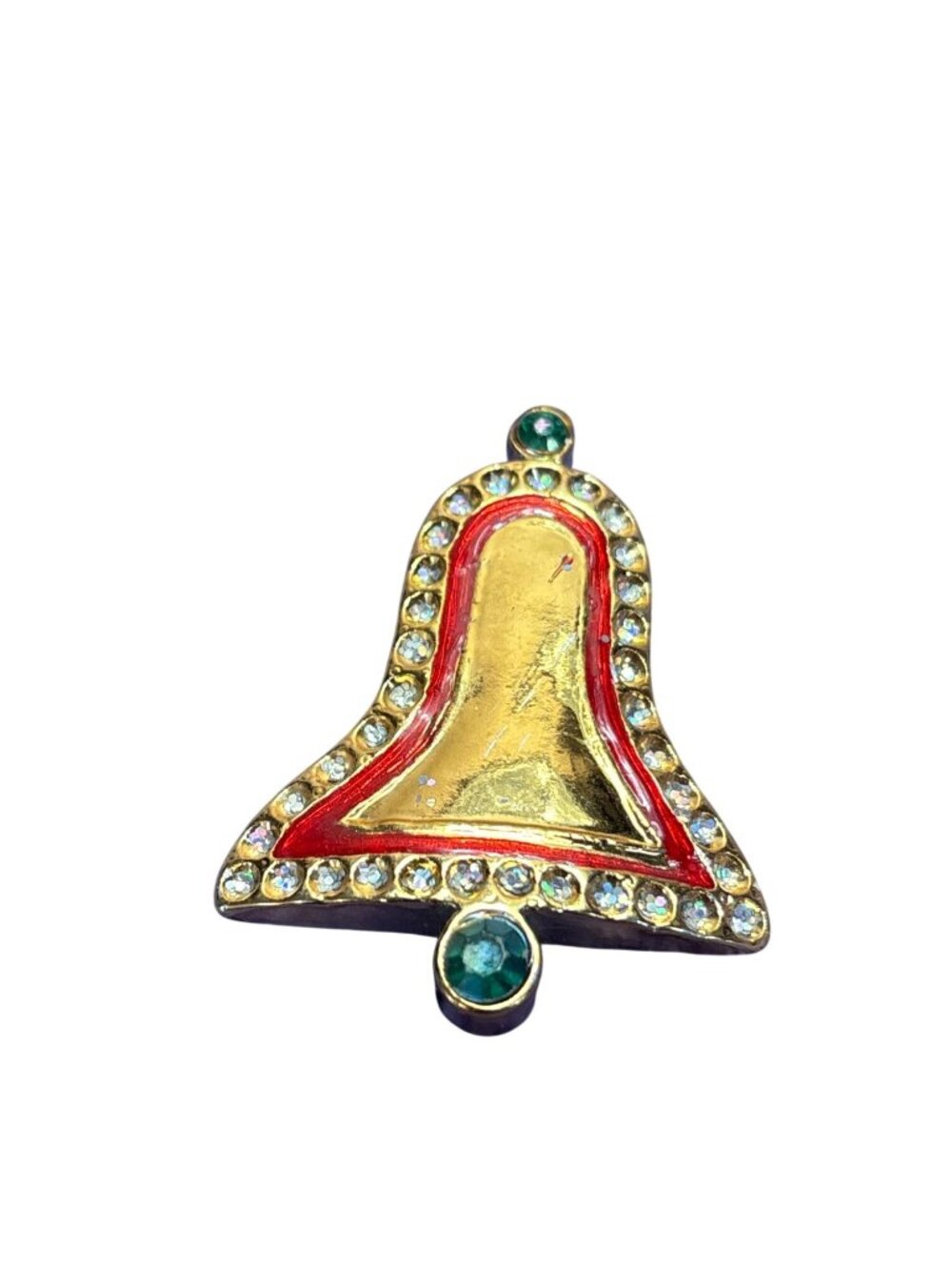 Resin Christmas Bell Brooch Pin Goldtone Red Green Rhinestones Overall Wear